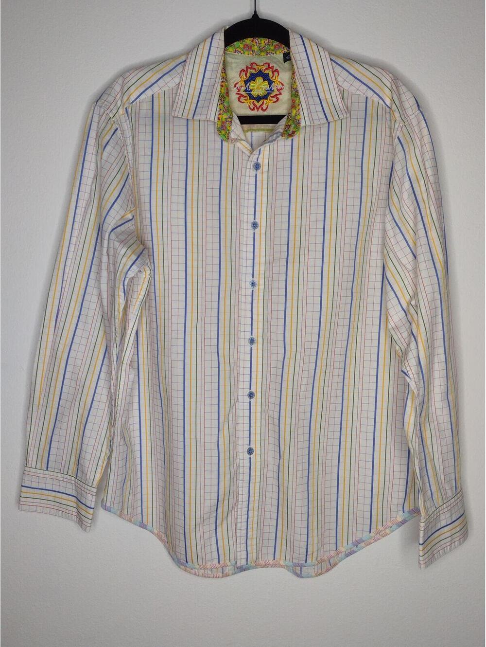 Preloved Robert Graham Men's White/Yellow/Blue Button Down Shirt Size Large